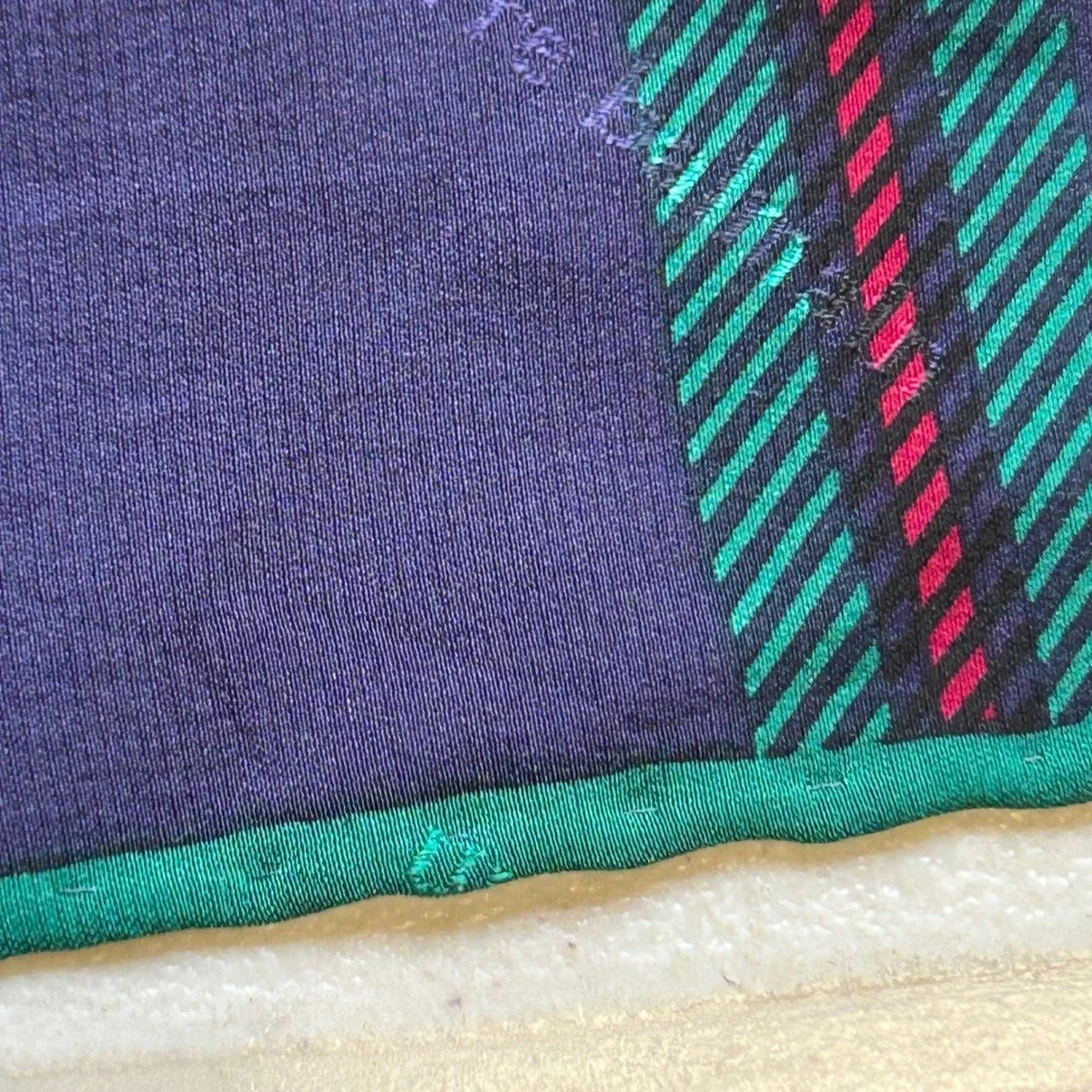 Pierre Balmain Scarf 30x30 Purple Green Paisley Plaid Square Silk Mix